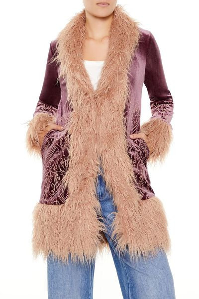 Faux Fur-Trim Embroidered Coat | Forever 21