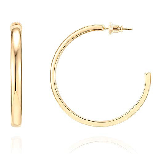 PAVOI 14K Yellow Gold Plated Lightweight Hoop Earrings for Women | Wide Flat Hypoallergenic Huggie Hoops | Minimalist Jewelry 40mm Large Earrings | Amazon (US)