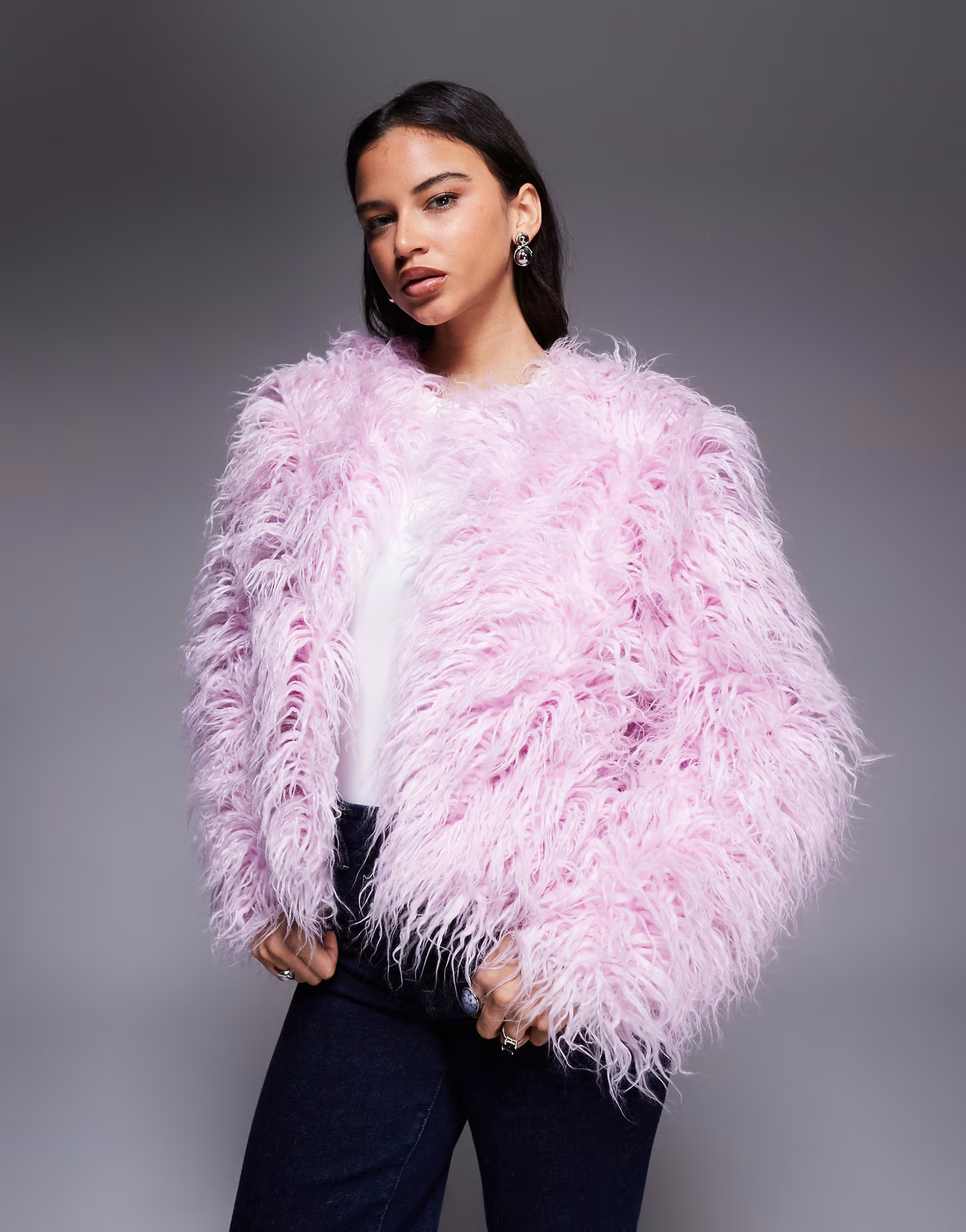 Kiwi & Co Esme faux mongolian fur jacket in pink | ASOS (Global)