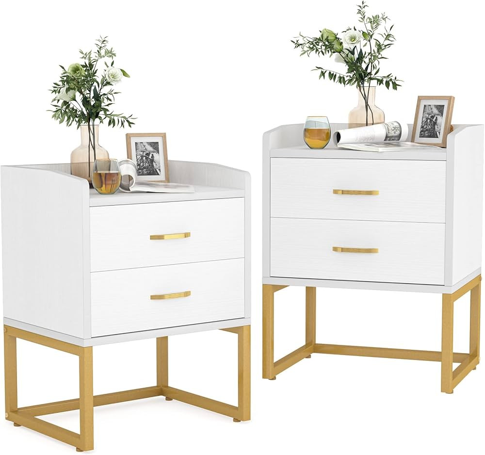 Tribesigns White and Gold Nightstand Set of 2, Modern Night Stands Bedside Table with 2 Drawers, ... | Amazon (US)