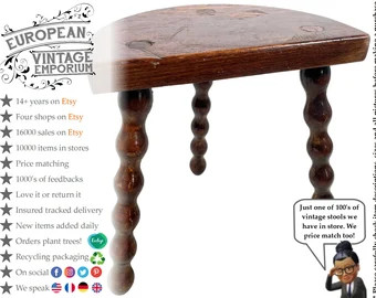 Vintage French Stool Chair Seat Wooden Milking Kitchen D Shaped Seat Braced Bobbin Leg Plant Rest... | Etsy (US)