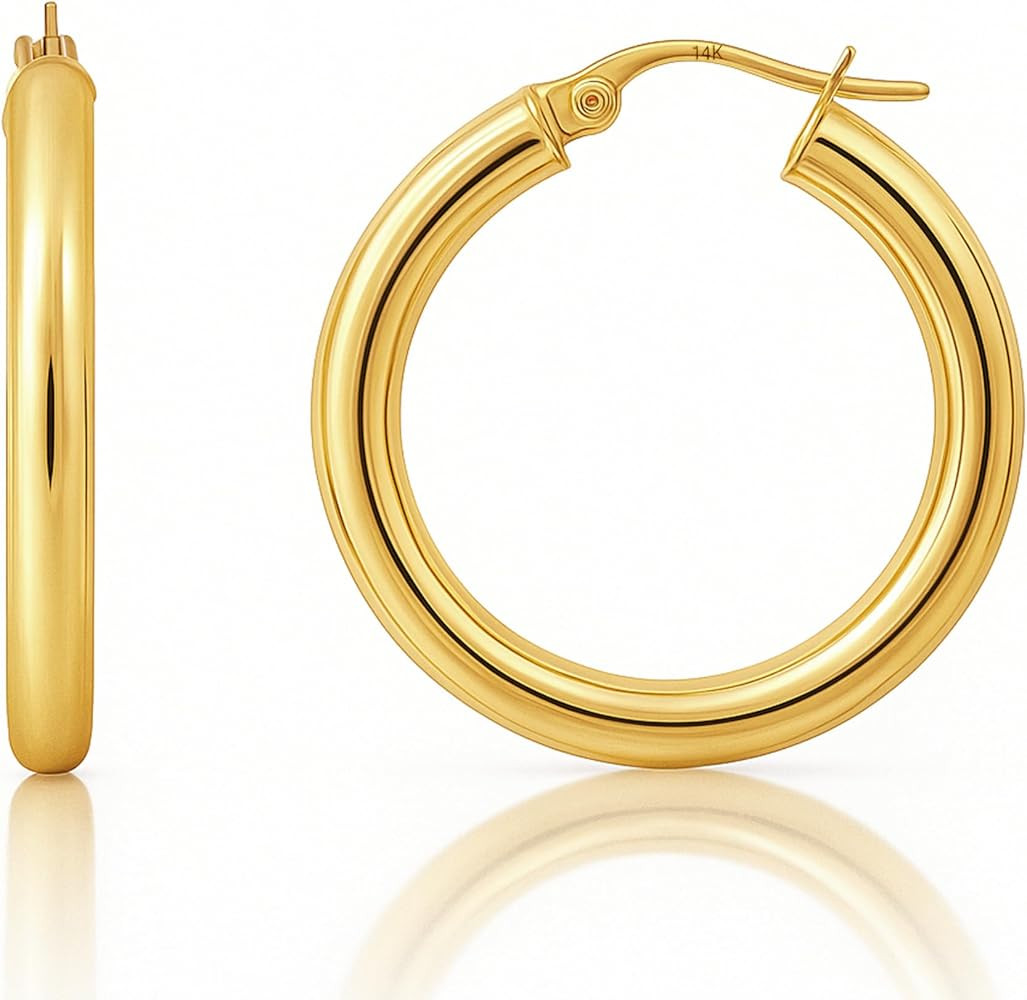 14k Gold Hoop Earrings for Women | Hypoallergenic 20MM, 25MM and 30MM Tube Hoop Earrings with Sec... | Amazon (US)