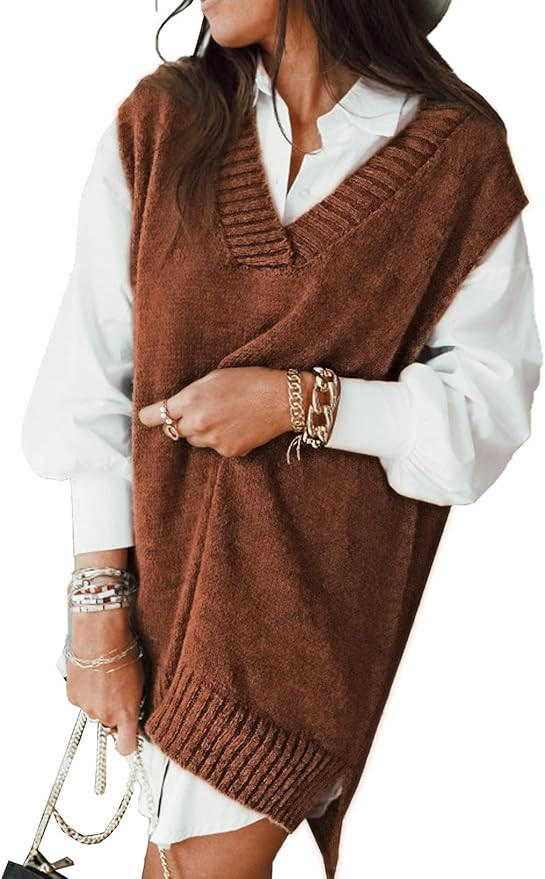 EVALESS Oversized Sweater Vest for Women V Neck Sleeveless Solid Color Loose Pullover Sweater | Amazon (US)