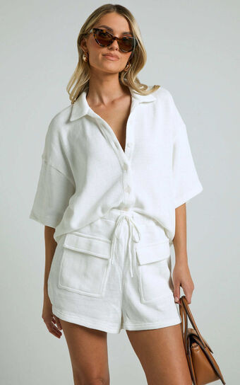 Kahlani Two Piece Set - Collared Short Sleeve and High Waisted Shorts in White | Showpo (ANZ)