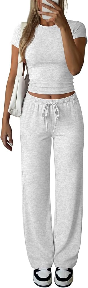ANRABESS Women's 2 Piece Summer Matching Lounge Sets Wide Leg Pants Ruched Crop Tops Sweatsuits S... | Amazon (US)