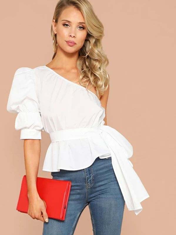 SHEIN One Shoulder Puff Sleeve Belted Solid Top | SHEIN