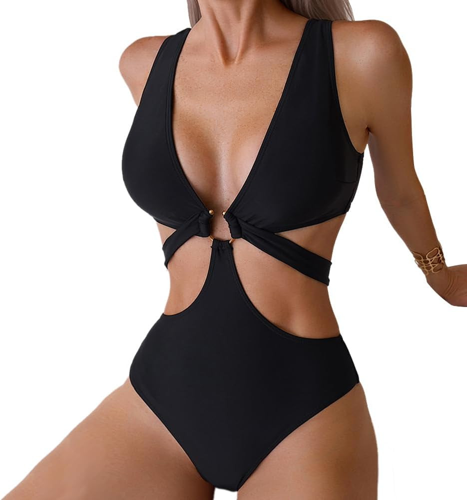 Women's Deep V Neck One Piece Swimsuit O-Ring Swimwear Sexy Cut Out Bathing Suit | Amazon (US)