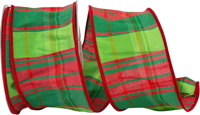 Ribbon - Plaid Grand Stripes Colors Wired Edge, Lime, 2-1/2 Inch, 10 Yards | Amazon (US)