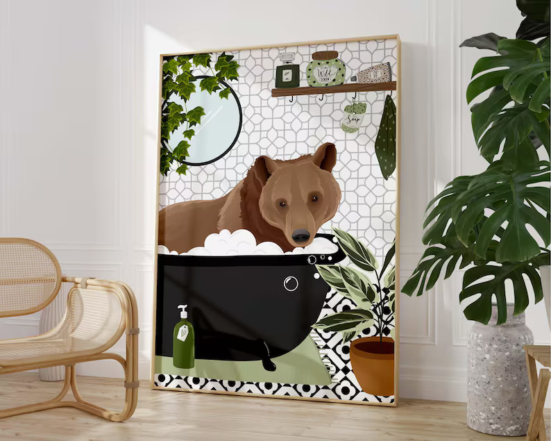 Brown Bear Funny Animal Bathroom Print, Black and White Toilet Art, Kids Bathroom Decor, Maximali... | Etsy (US)