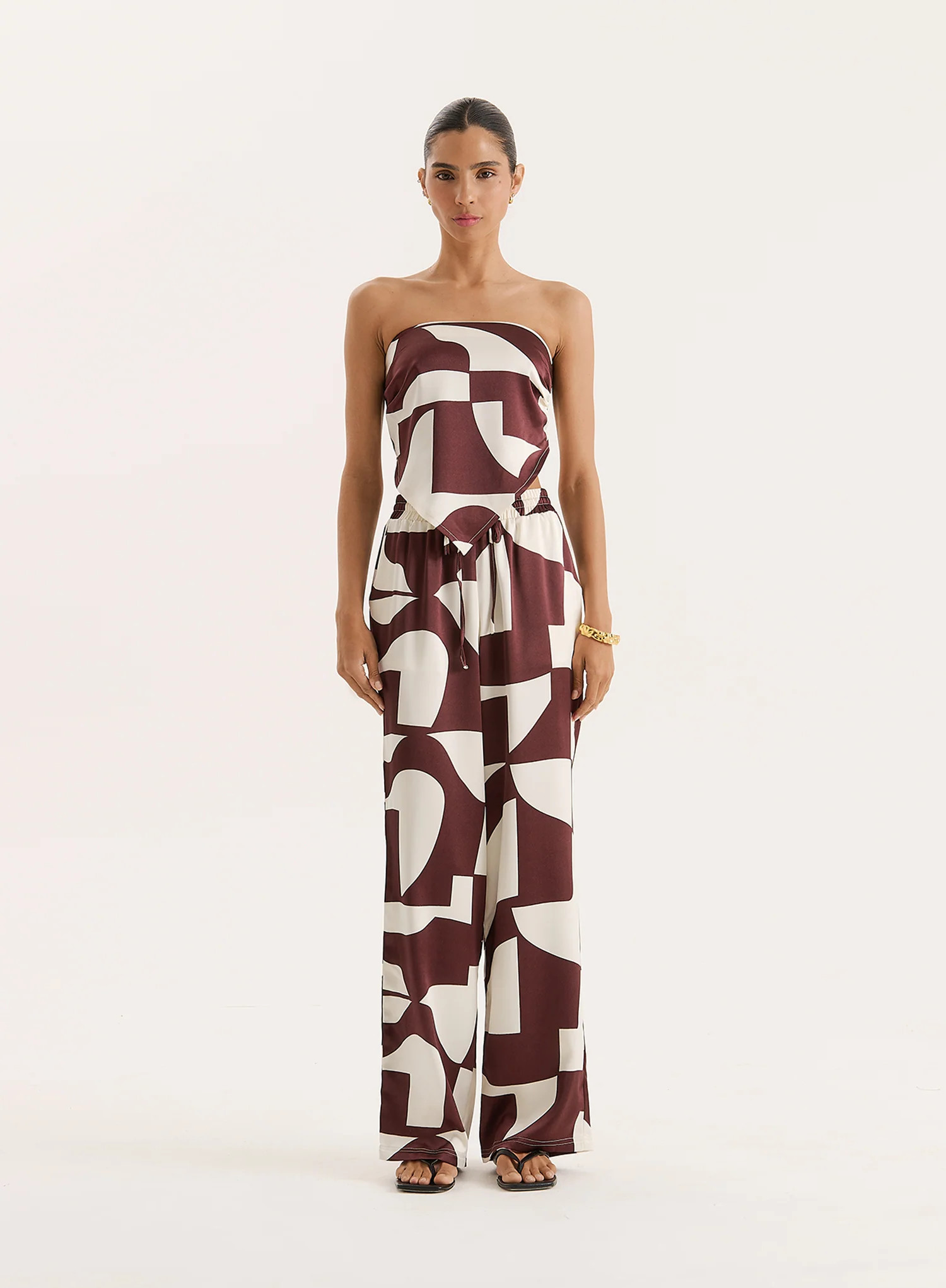 Chocolate Abstract Print Satin Trouser- Bradie | 4th & Reckless