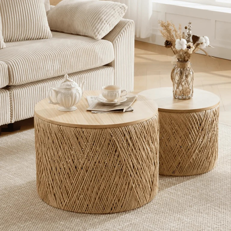 Guyou Nesting Tables Round Natural Wood Drum Coffee Tables with Storage for Living Room Bedroom S... | Walmart (US)
