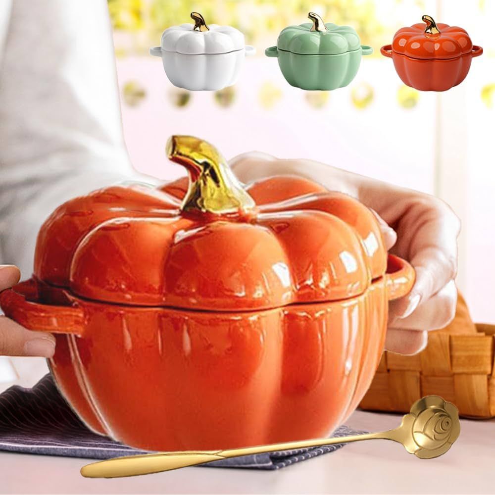 Fall Pumpkin Ceramic Bowl with Lid, 15 oz Microwave & Dishwasher Safe Pumpkin Soup Bowl with Hand... | Amazon (US)