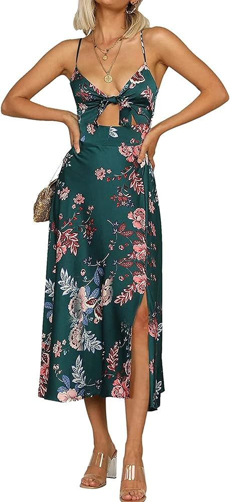 Fashionme Women Spaghetti Strap Midi Satin Dresses Tie Front Backless Split Summer Casual Floral ... | Amazon (US)