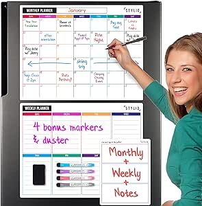 STYLIO Dry Erase Calendar Whiteboard. Set of 3 Magnetic Calendars for Fridge: Monthly, Weekly Org... | Amazon (US)