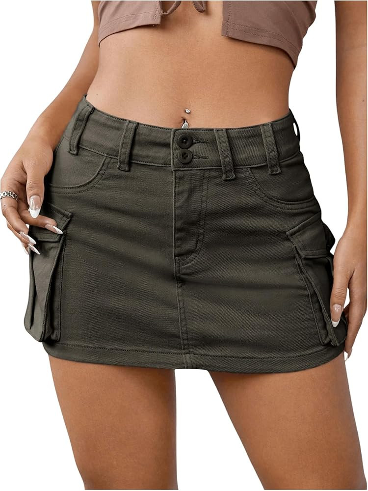 WDIRARA Women's Low Waist Button Bodycon Mini Cargo Denim Skirt with Pocket | Amazon (US)