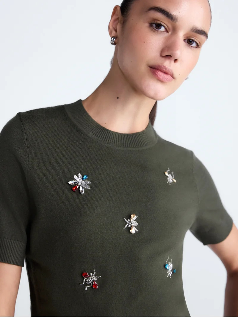 Free Assembly Women's and Women's Plus Embellished Cozy Yarn Sweater with Short Sleeves, Sizes XS... | Walmart (US)