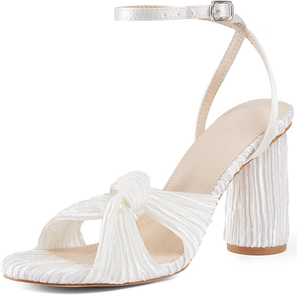 Jauoop Women's Pleated Bow Knot Heeled Sandals Open Toe Ankle Strap Block Chunky Heel Slides Brid... | Amazon (US)