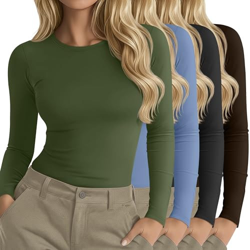 Neer 4 Pack Women's Long Sleeve Shirts Underscrub Crew Neck Slim Fit Undershirts Stretchy Casual Tight Tops(Light Haze Blue, Matcha Green, Dark Gray, Brown,X-Large) | Amazon (US)