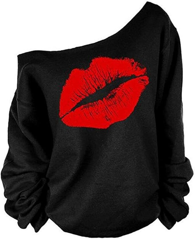 MAGICMK Woman’s Sweatershirt Lips Print Causal Blouse Off The Shoulder Long Sleeve Loose Slouch... | Amazon (US)