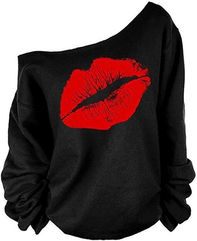 MAGICMK Woman’s Sweatershirt Lips Print Causal Blouse Off The Shoulder Long Sleeve Loose Slouch... | Amazon (US)