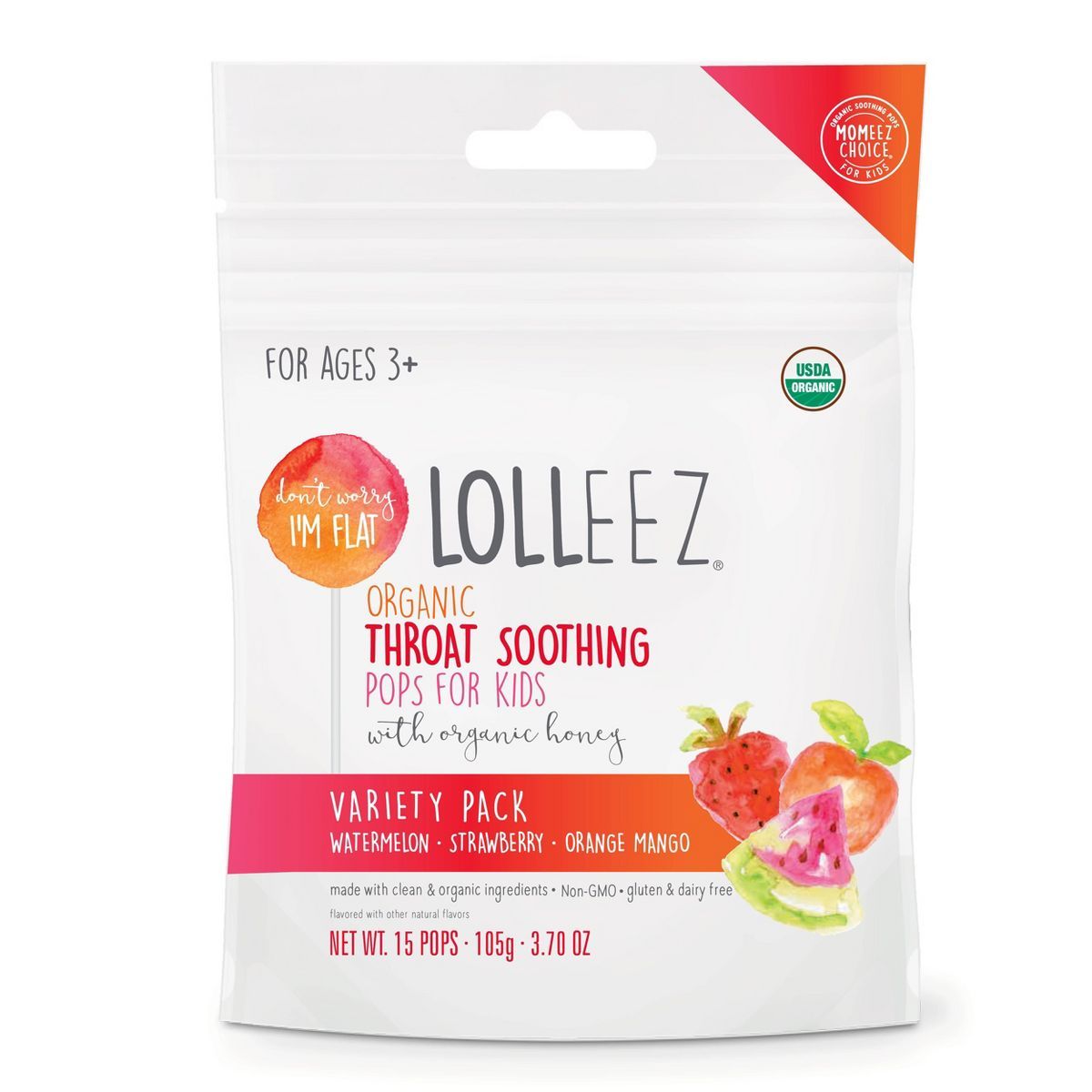 Lolleez Children's Organic Throat Soothing Pops - Watermelon, Strawberry, & Orange Mango - 15ct | Target