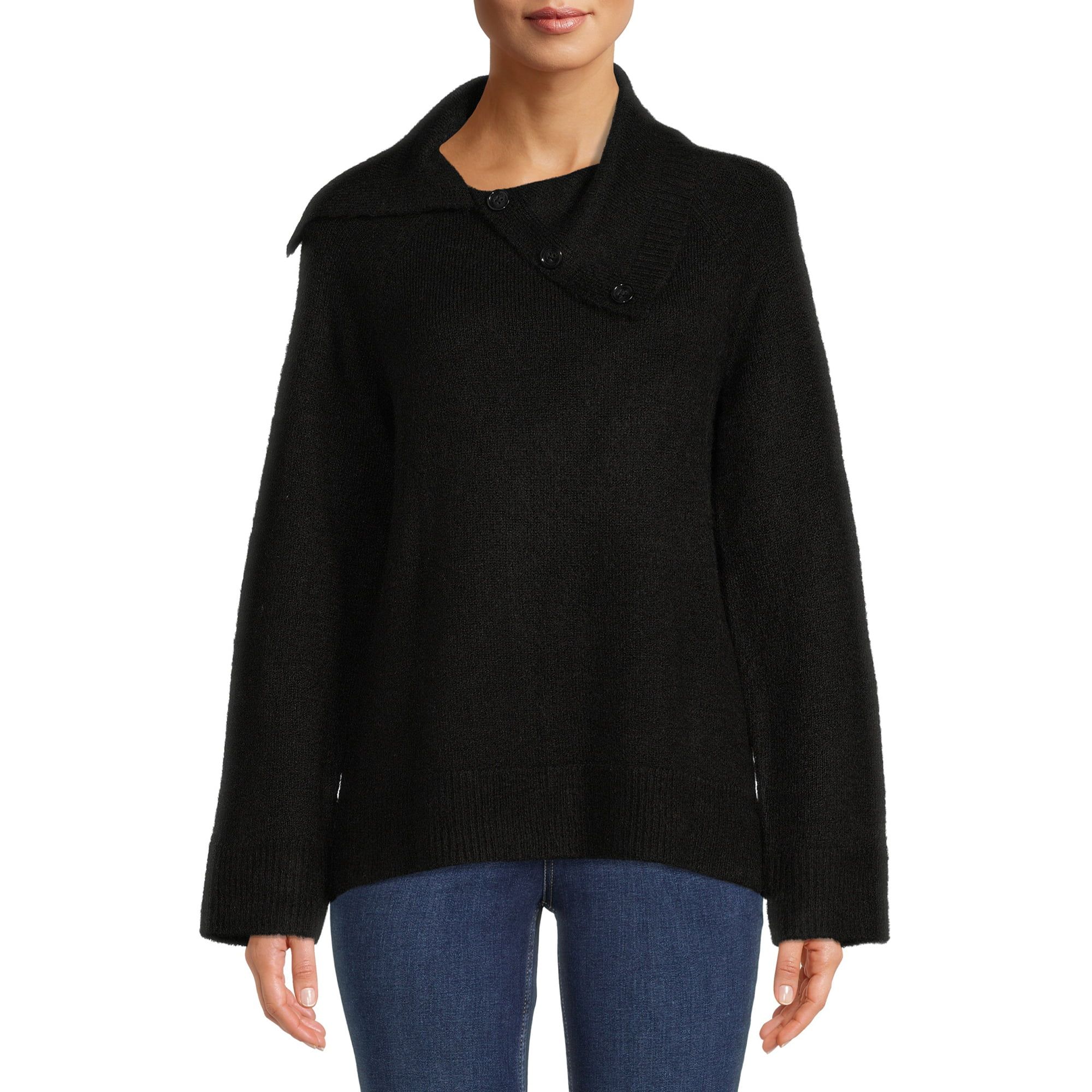 Time and Tru Women's Long Sleeve Split Neck Collar Sweater | Walmart (US)