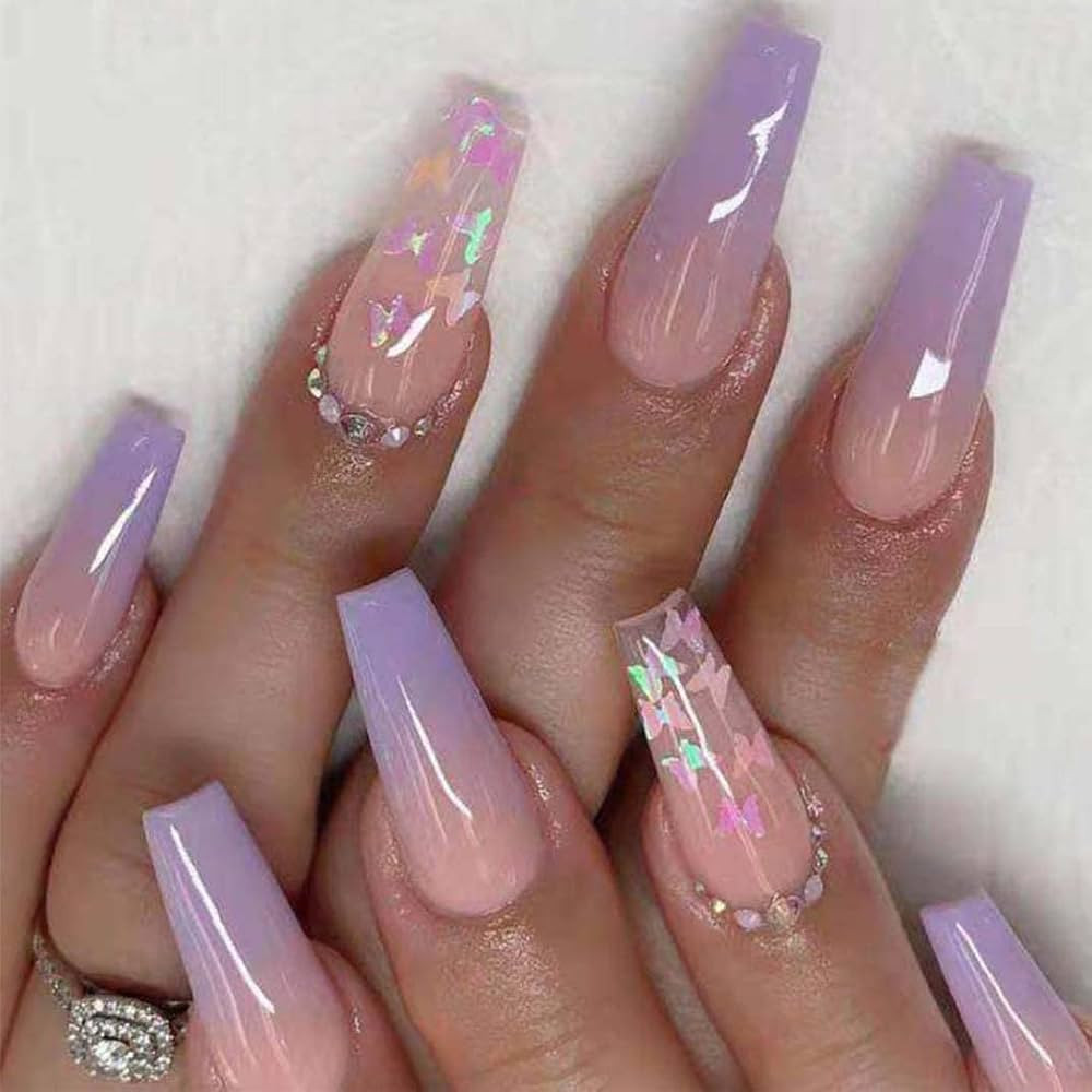 Long Fake Nails French Tip Press on Nails Coffin Stick on Nails with Butterfly Design Purple Nail... | Amazon (US)