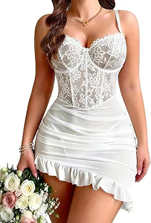 Girece Sexy Lingerie for Women Babydoll Lingerie Dress with Underwire Push Up Bra Lace Chemise Ru... | Amazon (US)