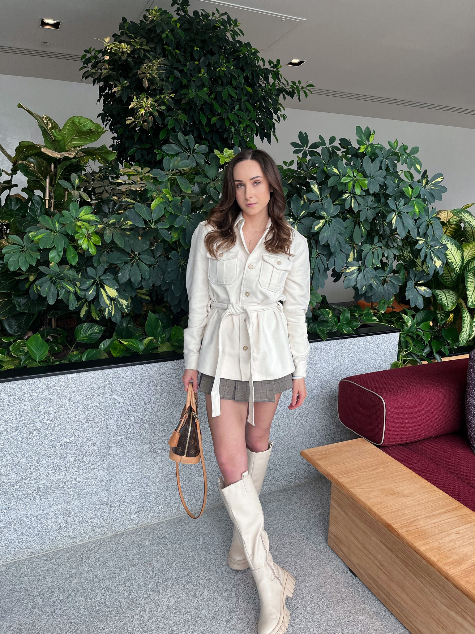 Ralph Lauren Jacket, mini skirt, high knee boots, nude boots