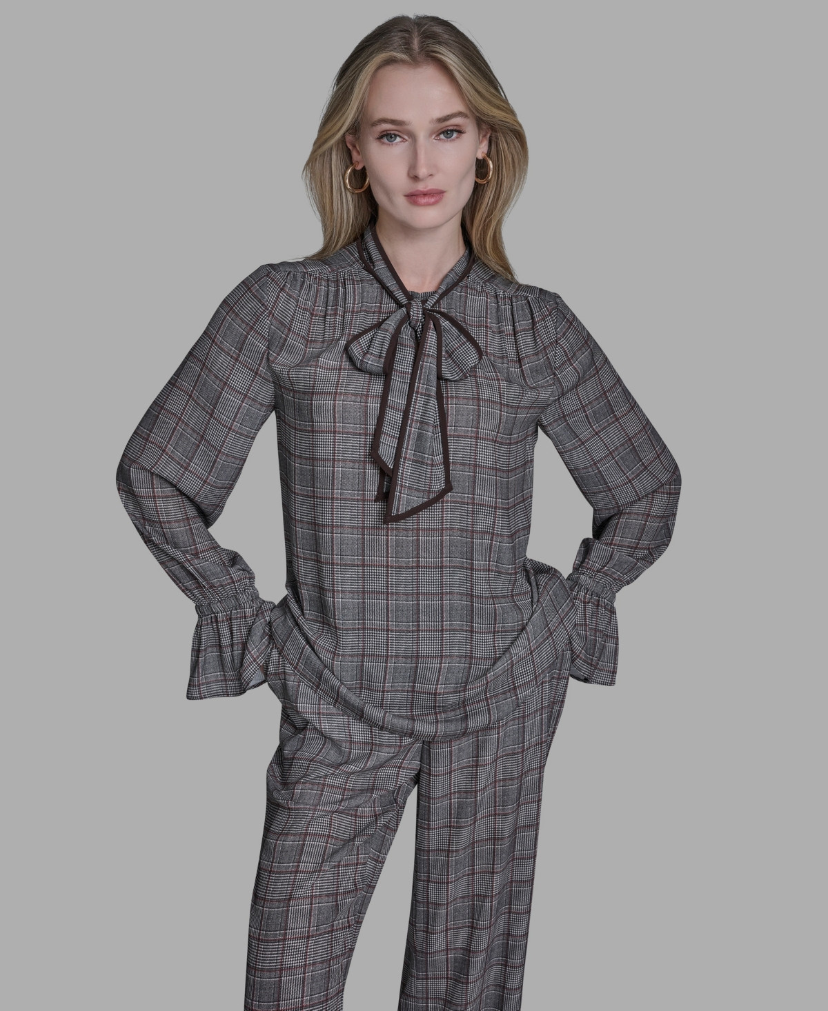 Bcbg Women's Plaid Long Sleeve Tie Neck Top - Black Multi | Macy's