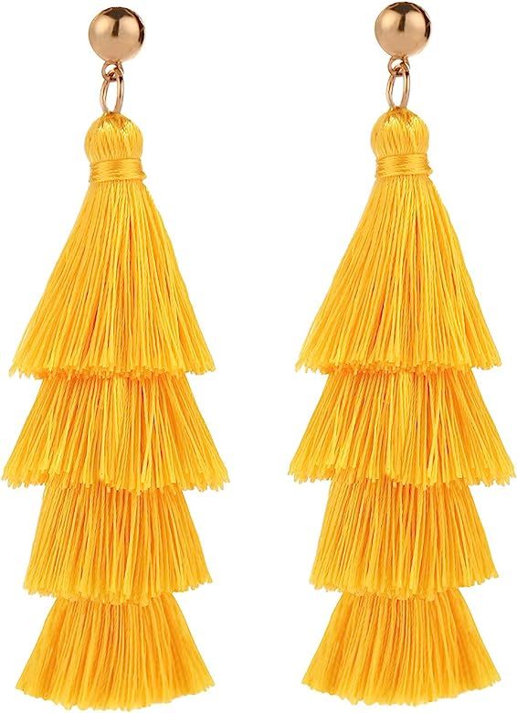 BaubleStar Tassel Earrings Handmade Tiered Thread Tassel Dangle Earrings, Multi Colors | Amazon (US)