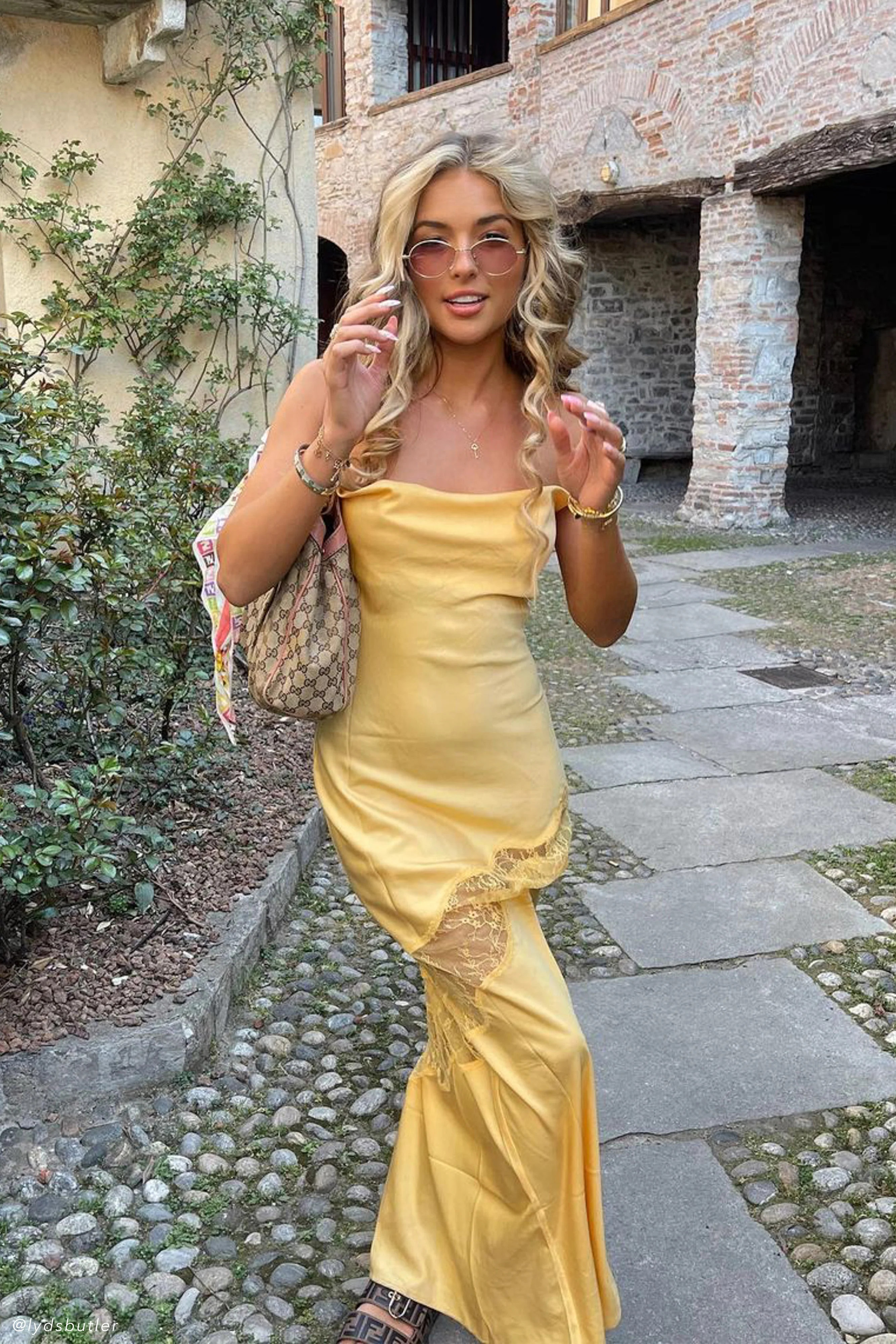 Chandra Lace Detail Satin Maxi Dress - Lemon | MESHKI US