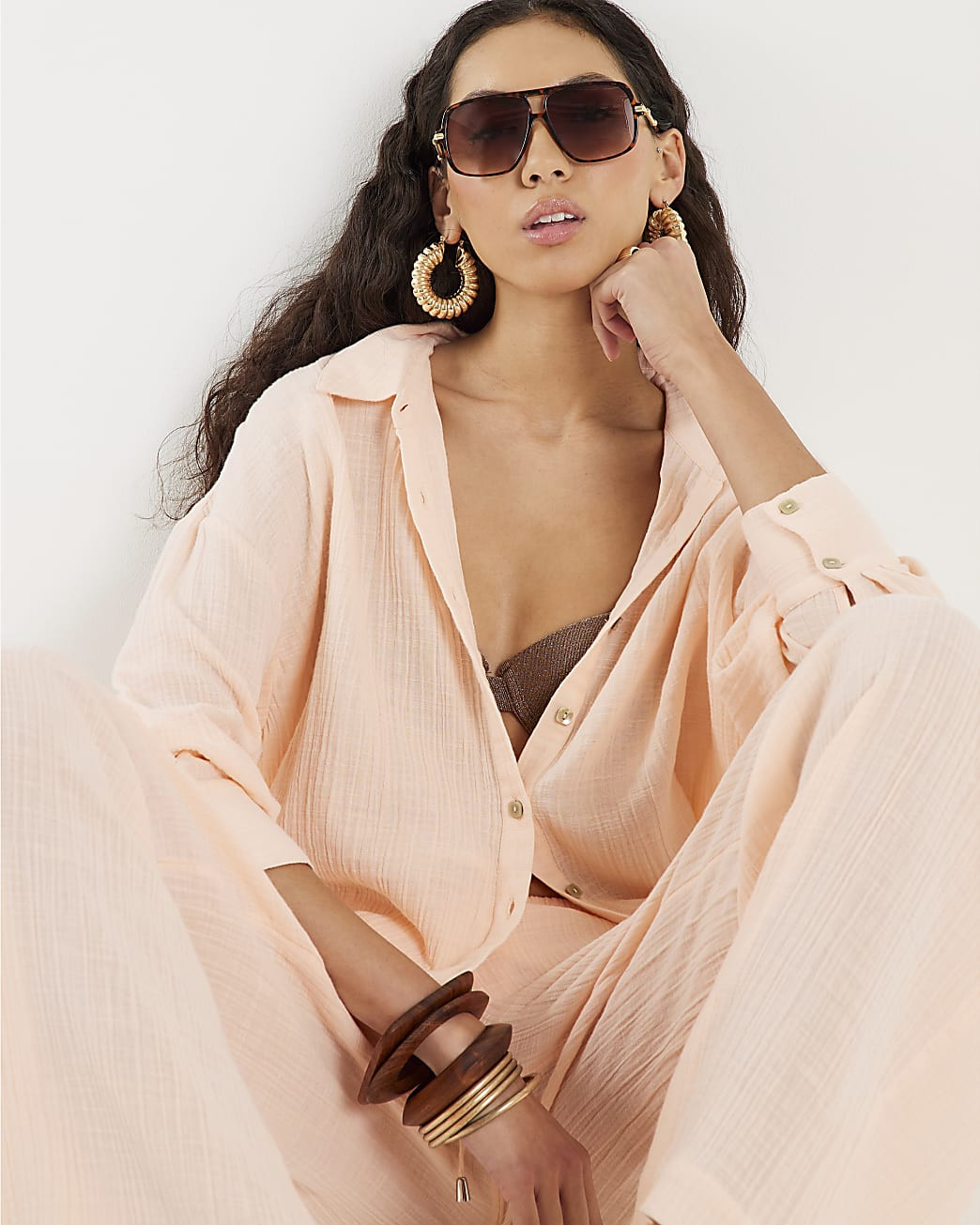 Pink Cotton Crinkle Long Sleeve Shirt | River Island UK & IE