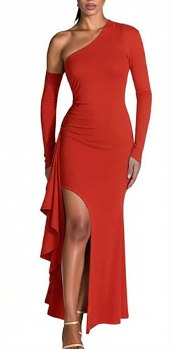 ENOPINK Womens One Shoulder Long Sleeve Bodycon Maxi Dress Sexy High Slit Ruched Asymmetrical Fall Winter Formal Dresses Red XXL | Amazon (US)