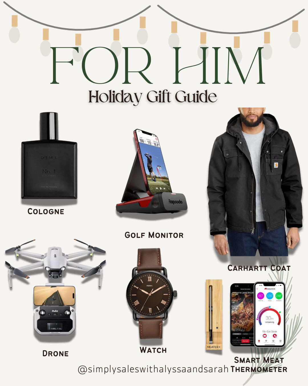 Need some ideas for the guys on your list? These are tried-and-true favorites whether he’s into golf, grilling, gadgets, or just staying warm. The DIME cologne smells amazing, the Rapsodo golf monitor is great for tracking his swing, and a Carhartt coat is always a classic. A drone or Fossil watch make great gifts, and the Meater+ smart meat thermometer is perfect for the grill master. 🎄 

 #LTKGiftGuide #LTKHoliday #LTKMens