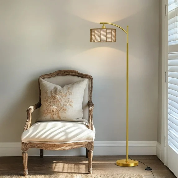 Oneach 62.5" Boho Arc Floor lamp with Brown Rattan Shade,Farmhouse Gold Standing Tall Lamp for Li... | Walmart (US)