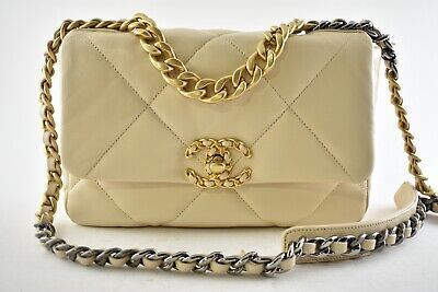 Chanel 19 Small 20A Beige Leather Quilted Gold Silver CC Chain Flap Shoulder Bag | eBay US