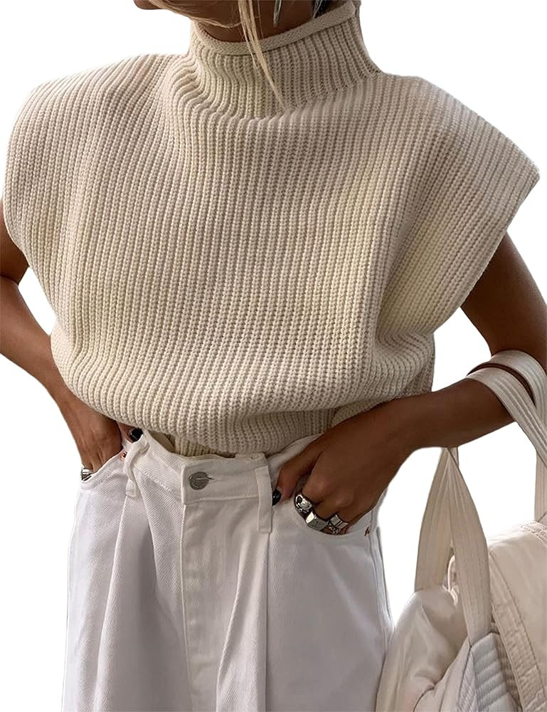 Women's Casual Turtleneck Sweater Vests Sleeveless Solid Color Knitted Pullover Tops | Amazon (US)