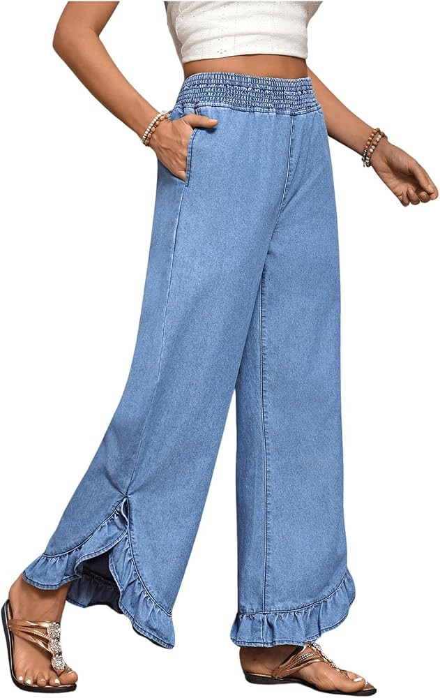 OYOANGLE Women's Elastic Waist Ruffle Wide Leg Jeans Casual Denim Pants with Pocket | Amazon (US)