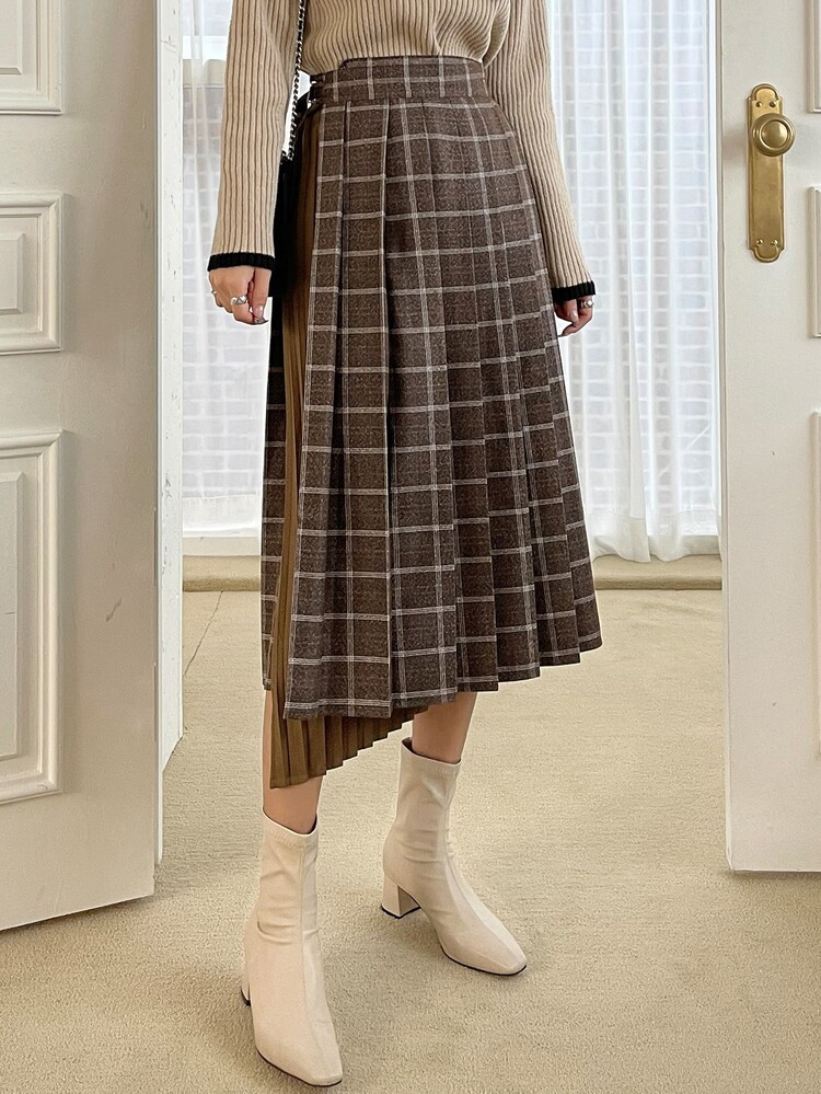 DAZY High Waist Plaid Asymmetrical Hem Pleated Skirt | SHEIN