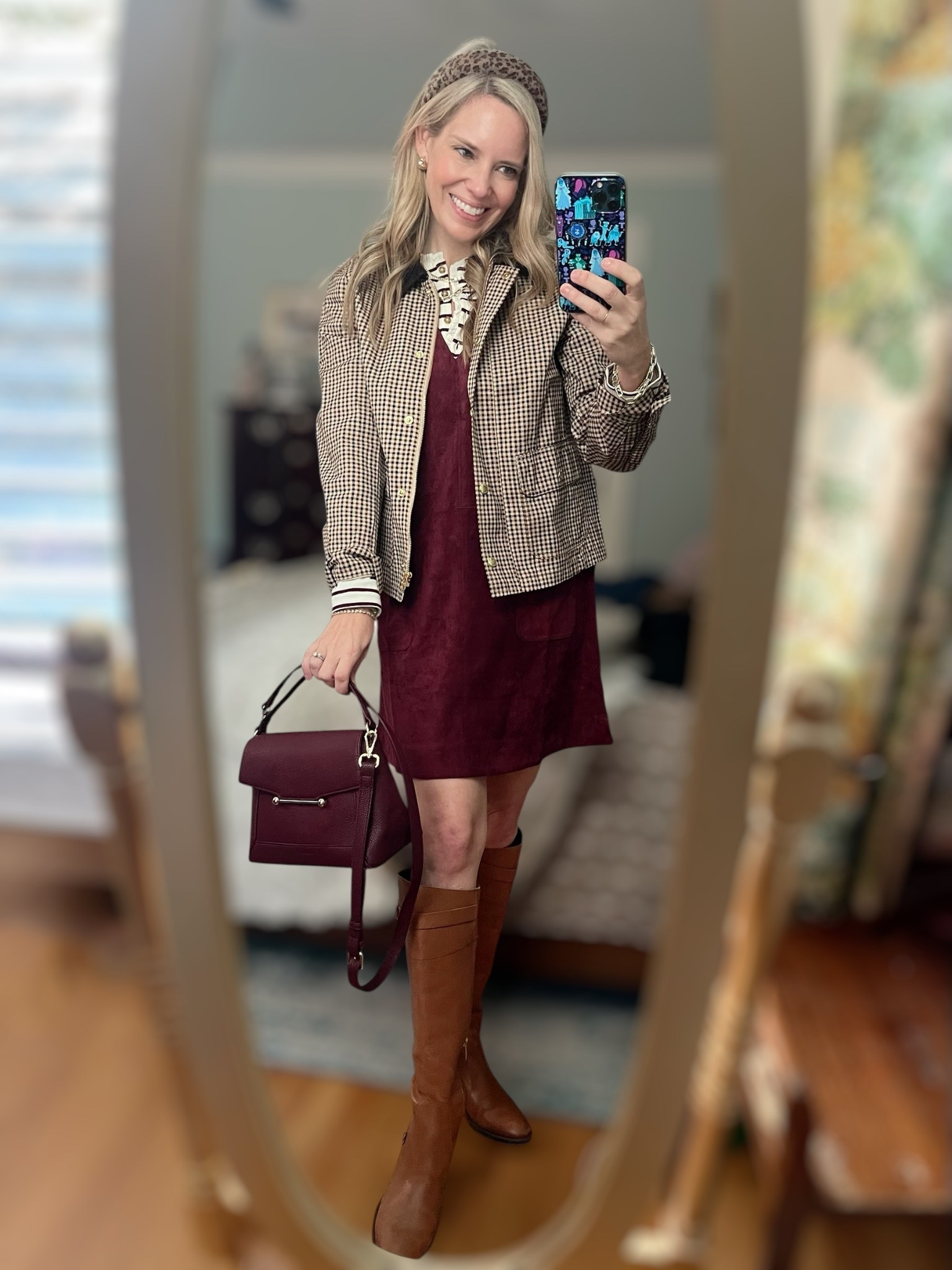 🍂✨ Preppy fall layers made easy! I styled this houndstooth field jacket over a chic burgundy suede shift dress for the perfect balance of cozy and polished. The striped ruffle-collar henley peeks out for that feminine, layered touch that feels very “classic meets modern.”

Tall leather riding boots elongate the legs while keeping the look timeless, and I finished with a structured crossbody bag in a matching wine tone plus a playful leopard padded headband 🐆. A touch of gold jewelry (necklace, hoops, bracelet) adds just the right shine for everyday wear.

🛍 Shop the full look:
	•	Houndstooth field jacket (J.Crew Factory)
	•	Burgundy suede dress (Amazon)
	•	Striped ruffle henley (J.Crew Factory)
	•	Sam Edelman Penny riding boots
	•	Crossbody satchel bag (Amazon)
	•	Leopard padded headband (Amazon)
	•	Abbott Lyon watch
	•	Melinda Maria necklace, hoops, and bracelet stack (use code PREPPYREBEL for 10% off ✨)

🍁 Perfect for work, school events, or weekend outings—this outfit is a fall closet staple you’ll wear on repeat!

⸻

L fall preppy outfit, suede dress with jacket, J.Crew Factory fall style, Sam Edelman riding boots, houndstooth jacket outfit, layered fall look, casual chic fall fashion, affordable Amazon fall finds, burgundy dress outfit


#LTKItBag #LTKFindsUnder50 #LTKFindsUnder100