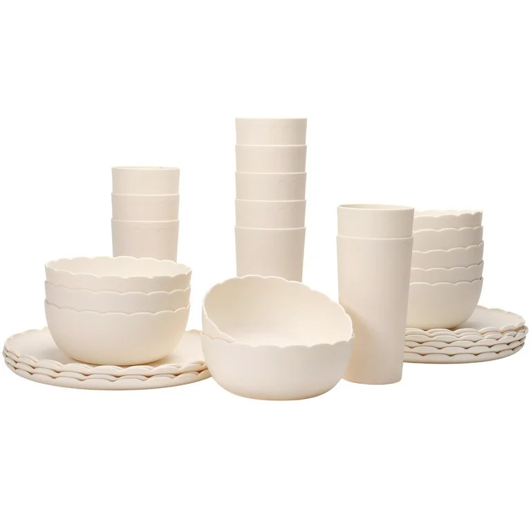 Mainstays 30-Piece Plastic Scalloped Dinnerware Bundle Set, Cream | Walmart (US)