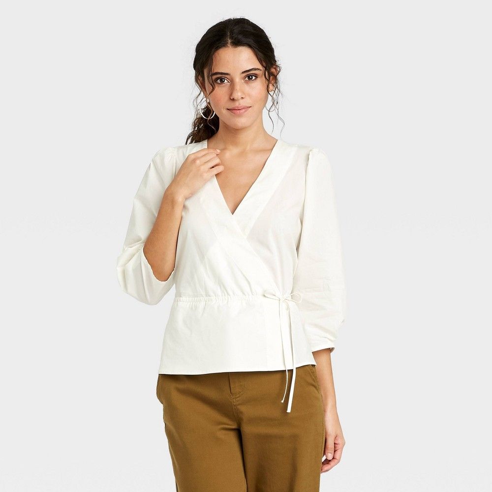 Women's 3/4 Sleeve Wrap Top - A New Day Cream L, Ivory | Target