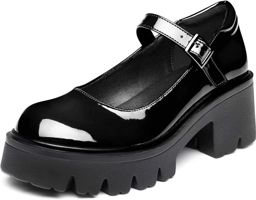 Women's Mary Jane Shoes - Platform Mary Janes for Women, Black Leather Round Toe Chunky Dress Sho... | Amazon (US)