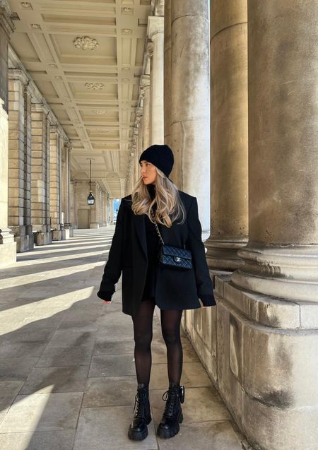 A classic black outfit for winter. Prada monoliths, oversized black blazer, black jumper dress, mini Chanel bag, denier 15 tights & a black beanie to stay cosy. 

#LTKstyletip #LTKeurope #LTKSeasonal