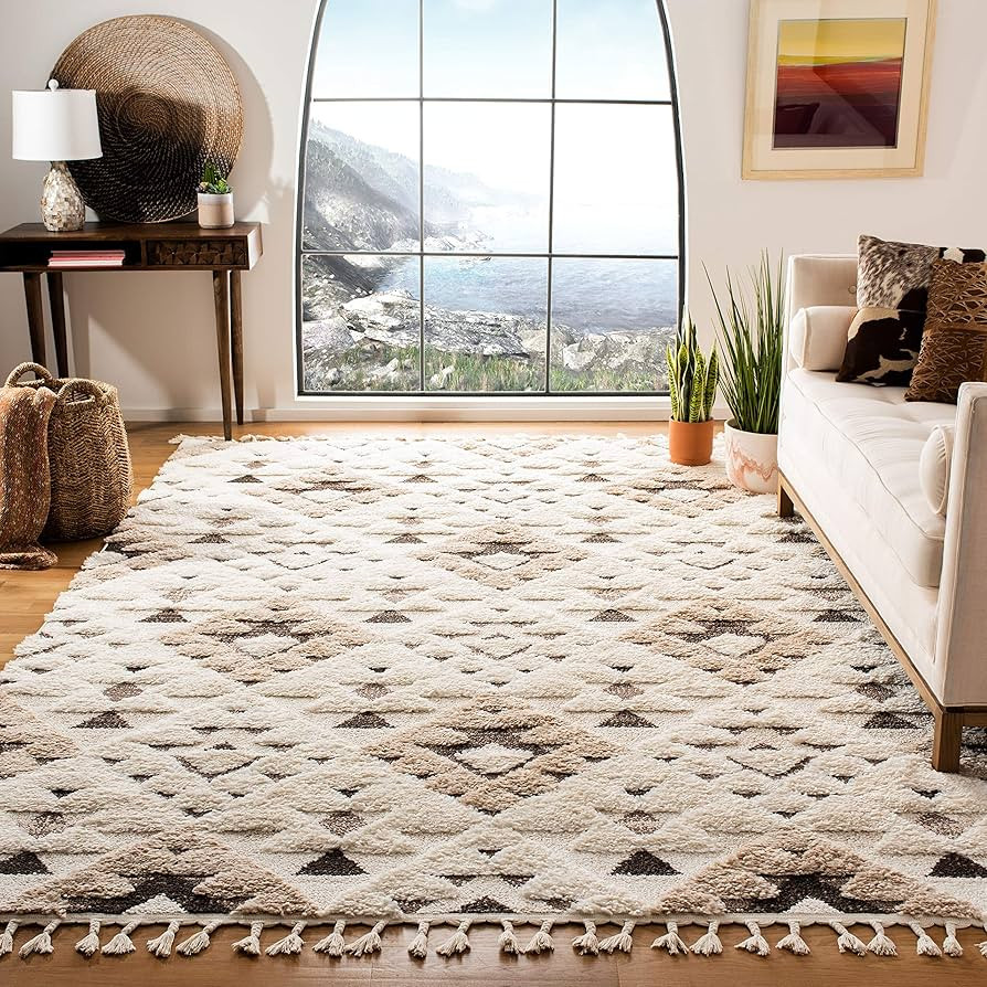 SAFAVIEH Moroccan Tassel Shag Collection Area Rug - 8' x 10', Ivory & Brown, Boho Design, Non-She... | Amazon (US)