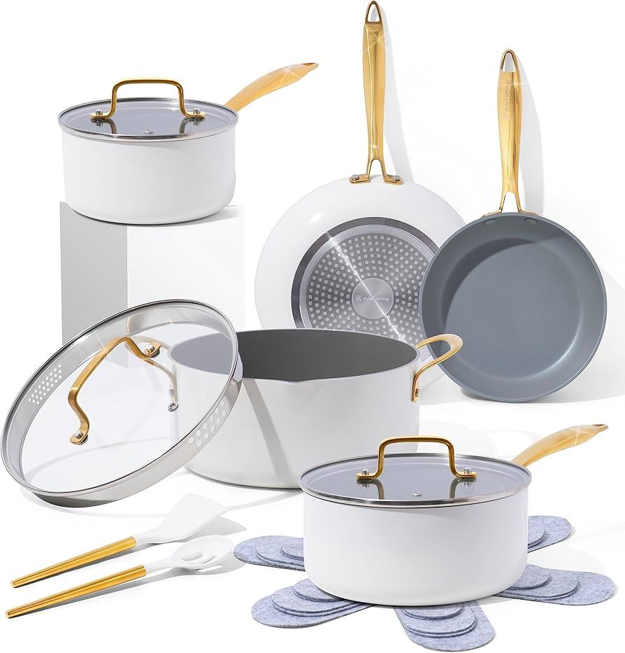 Styled Settings White Pots and Pans Set Nonstick - 15 Piece Luxe White & Gold Pots and Pans Set N... | Amazon (US)