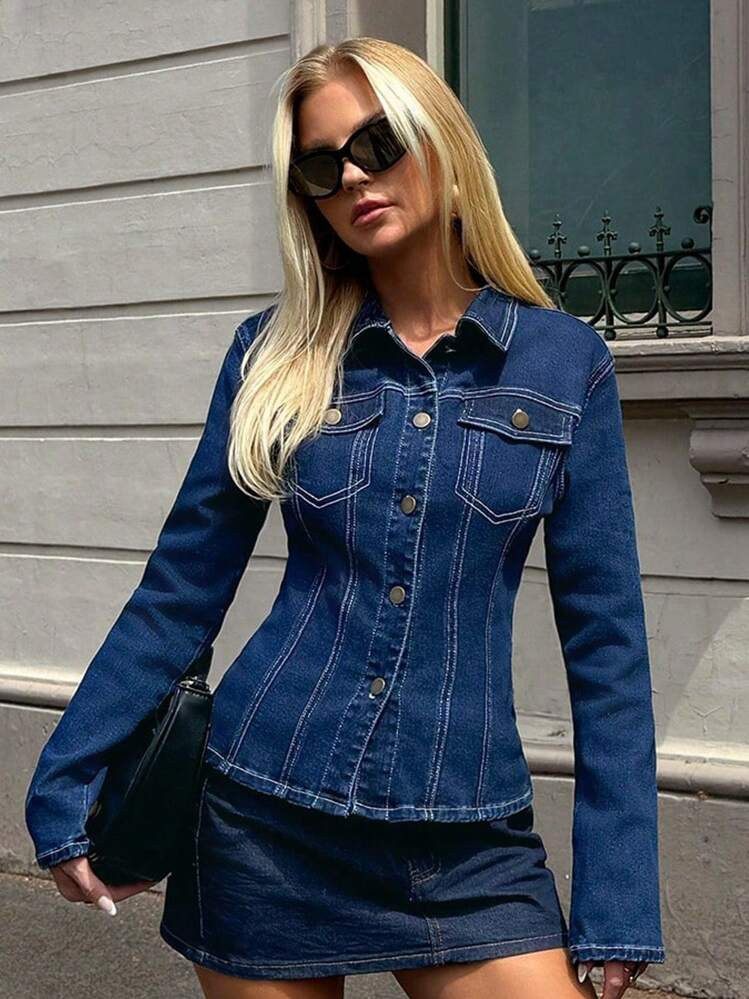 Forever 21 Women's Autumn Long Sleeve Turndown Collar Pocket Waist Cinched Casual Denim Jacket | SHEIN