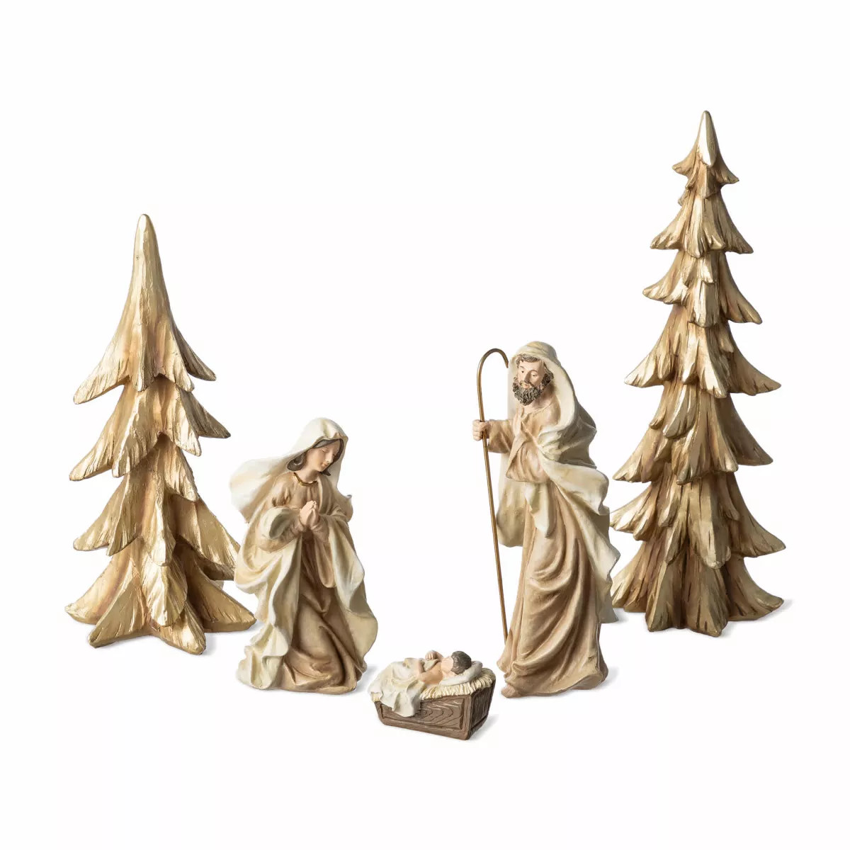 S/5 Gold Resin Holy Family with Christmas Trees | Belk
