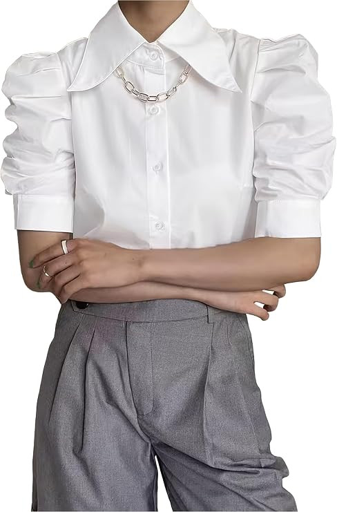 SUNNOW Women's Short Sleeve Blouse with Ruffles and Puff Sleeves Elegant Pleated Tops for Women C... | Amazon (US)